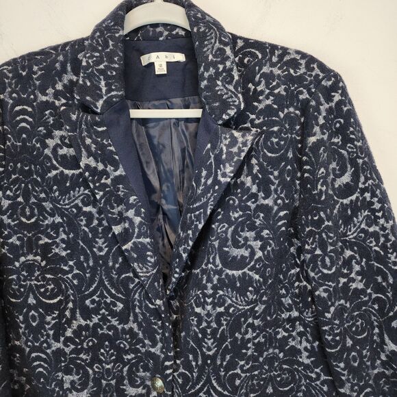 Cabi Filigree Jacquard Blazer Coat Size 12 Blue Wool Blend Lined Darted Waist - Picture 7 of 16